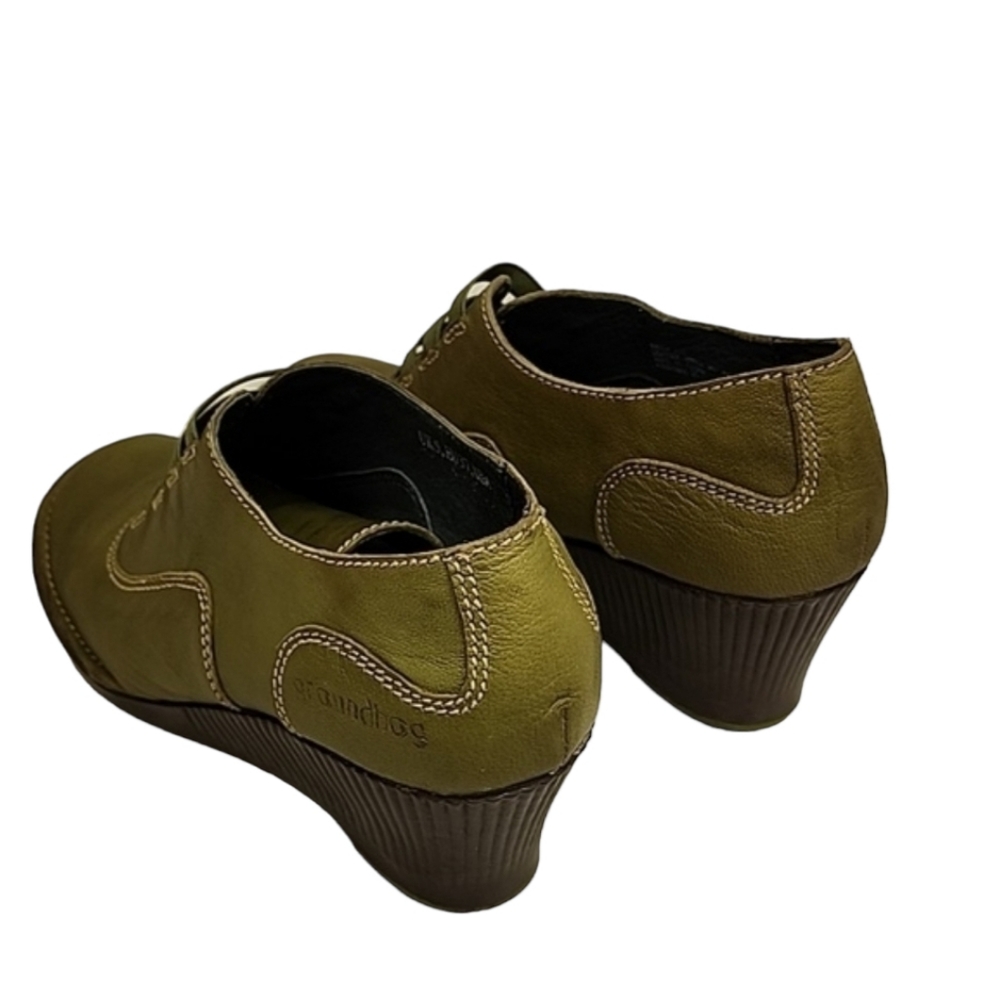 GROUNDHOG PORTUGAL Olive Leather Wedge Booties 7 37 Artsy Oxford Boots Slip On - Picture 5 of 16